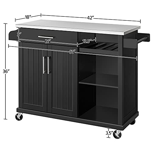 Yaheetech Kitchen Island with Stainless Steel Top and Storage Cabinet, Kitchen Cart on Wheels with Drawer & Open Shelves & Wine Rack & Spice Rack, 18" D x 51" W x 36" H, Black