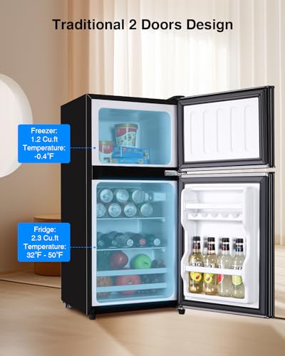 3.5 Cu. Ft. Capacity Double-door Compact Fridge with Freezer and 7-Level Thermostat, Compact Convenience and Energy Savings, Ideal for Apartments, Dorms, Home Offices and Bars, Black Color