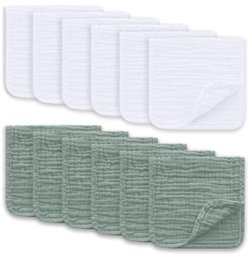 Muslin Burp Cloths Large 100% Cotton Hand Washcloths for Boys & Girls, Baby Essentials Extra Absorbent and Soft Burping Rags for Newborn Registry (White & Green, 12-Pack, 20" X10")