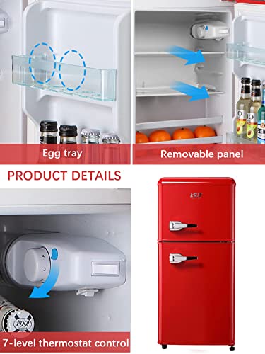 KRIB BLING 3.5Cu.Ft Compact Refrigerator with 7 Level Thermostat, Mini Fridge with Freezer, 2 Door Portable Fridge with Removable Glass Shelves, Suitable for Kitchen, Apartment, Dorm, Bar Red