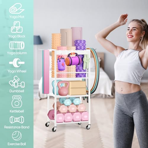 HEOMU Yoga Mat Storage Rack, Home Gym Storage Rack for Dumbbells Kettlebells, Gym Organizer Gym Equipment Storage Cart with Wheels and Hooks, Black