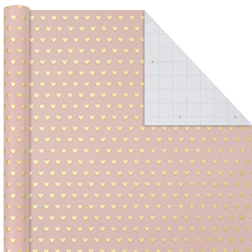 Hallmark Premium Wrapping Paper with Cut Lines on Reverse - Gold Hearts, Rose Flowers, White Stripes (3-Pack: 85 sq. ft. ttl) for Birthdays, Weddings, Mother's Day, Valentine's Day, Bridal Showers