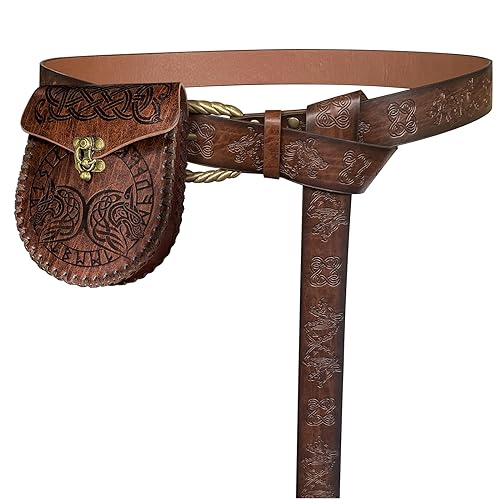 HiiFeuer Medieval Embossed O Ring Belt with Nordic Embossed Belt Bag, Vintage Faux Leather Belt and Belt Pouch Set for LARP
