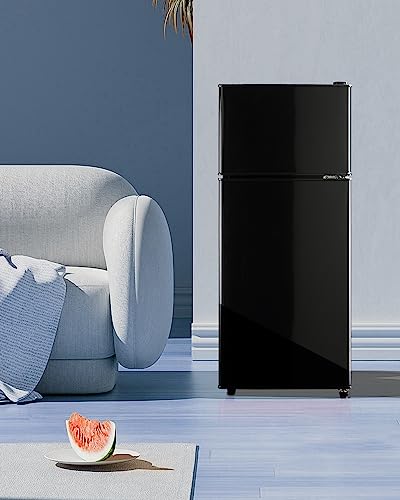 Compact Refrigerator Double Door Mini Fridge with Freezer, 3.5 CU FT Mini Refrigerator with 7 Level Adjustable Thermostat for Office, Dorm, Apartment, Black