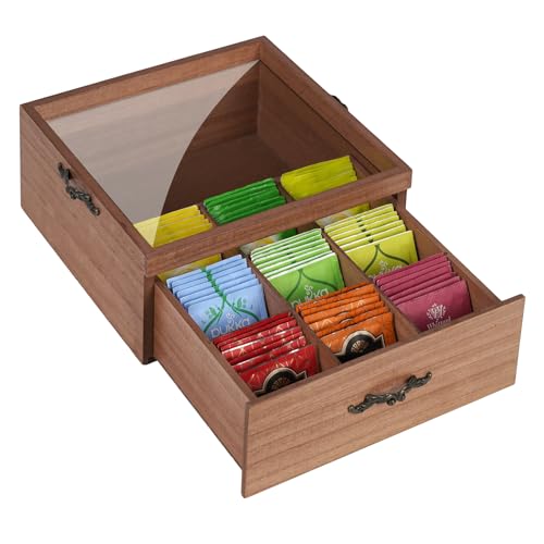 Wooden Tea Bag Storage Organizer: 9-Compartment Tea Box with Glass Window, equipped with a Storage Tray, Multi-Functional Tea Box and Storage Organizer, Great Gift Ideas,Cool Preppy Stuff & Room Decor