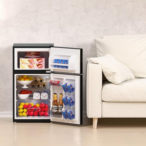 3.0 Cu.Ft Compact Refrigerator with 2 Doors, Mini Fridge with Freezer, 37dB Quiet, 7-Settings Mechanical Thermostat, LED Lights, Small Refrigerator for Bedroom Office, Dorm or Garage, Black