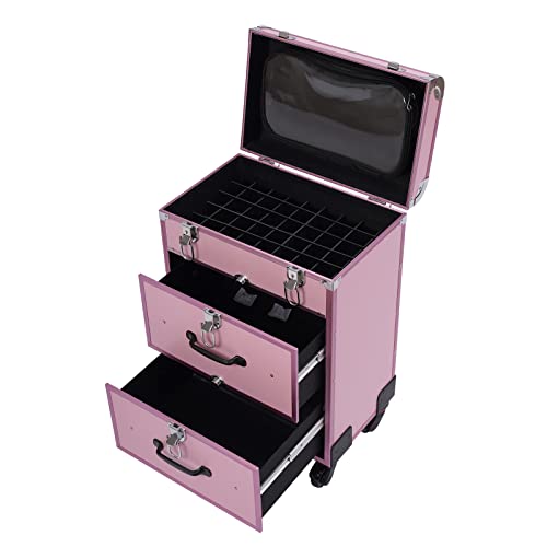 Rolling Makeup Case 3-Tier Cosmetic Trolley Case Large Professional Salon Storage Organizer with Adjustable Divider for Beauty Personal Care (Pink)