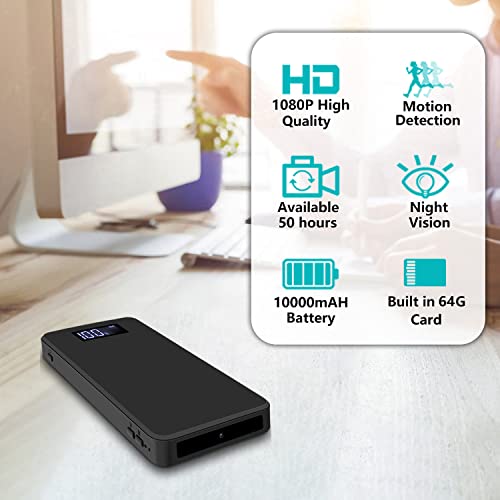 64GB Hidden Camera, 10000 mAh 1080P Mini Portable Spy Camera Covert Nanny Video Recorder with Motion Detection Security Cameras for Home, Office- No WiFi