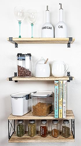 2 Moons Floating Shelves, Real Wood Wall Mounted for Bathroom, Living Room, Bedroom, Kitchen, 4 Shelf Group for Books, Storage, Plants, Decor, Over Toilet Paper (Light Brown)