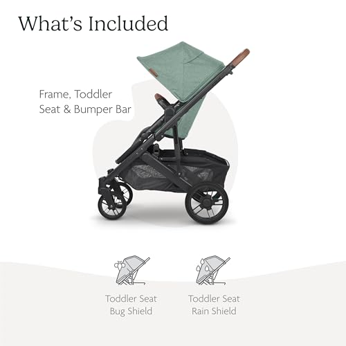 UPPAbaby Cruz V2 Stroller/Full-Featured Stroller with Travel System Capabilities/Toddler Seat, Bumper Bar, Bug Shield, Rain Shield Included/Gwen (Green Mélange/Carbon Frame/Saddle Leather)