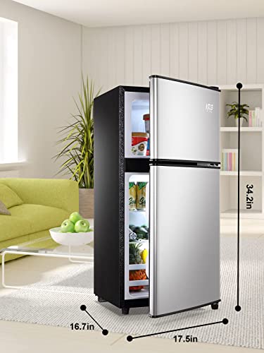 KRIB BLING Mini Fridge With Freezer,3.5 Cu. Ft Refrigerator With 2 Doors,7- Level Adjustable Thermostat, Removable Glass Shelves For Bedroom, Office, Kitchen, Apartment, Dorm, Silver