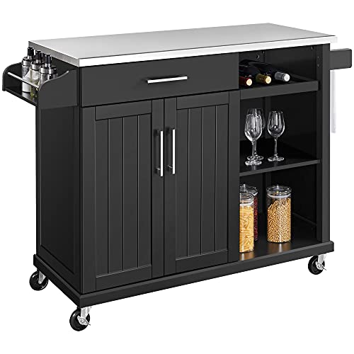 Yaheetech Kitchen Island with Stainless Steel Top and Storage Cabinet, Kitchen Cart on Wheels with Drawer & Open Shelves & Wine Rack & Spice Rack, 18" D x 51" W x 36" H, Black