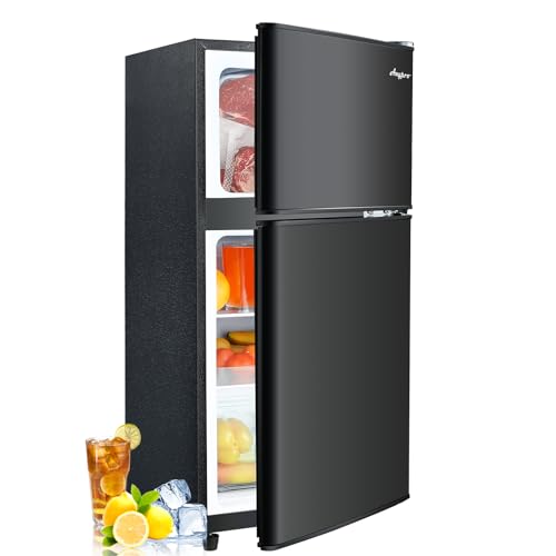 3.2 Cu.Ft Mini Fridge with Freezer, 2 Door Compact Refrigerator, Small Fridge with 7 Level Thermostat & LED Light, Small Refrigerator with Freezer for Bedroom, Office, Dorm, Black