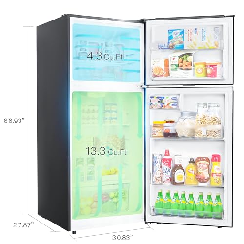 30“ Top Freezer Refrigerator with 17.6 Cu. Ft.Capacity, Adjustable Thermostat Control, Full Size Freestanding Frost Free Fridge for Garage/Office/Home/Apartment, Stainless Steels Grey