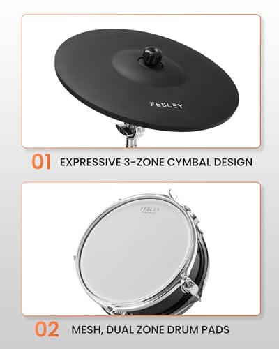Fesley Electric Drum Set with Independent Kick Snare Drum HiHat Cymbal: Real Sample Sound Source, Bluetooth Electronic Drum Set with Dual Zone Mesh Drum Pad, Three Zone Cymbal Full Size Adult Drum Set