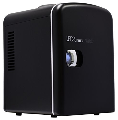 Uber Appliance UB, CH1 Uber Chill Mini Fridge 6, can portable Thermoelectric Cooler and Warmer Mini Fridge for Bedroom, Office or Dorm, Blackout Matte Black with Blue LED Fan