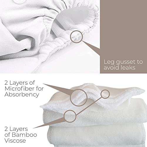 Nora's Nursery Cloth Diapers 7 Pack with 7 Inserts & 1 Wet Bag - Waterproof Cover, Washable, Reusable & One Size Adjustable Pocket Diapers for Newborns and Toddlers - Down to Earth