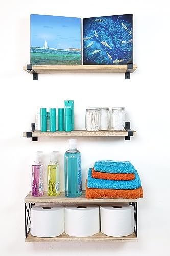 2 Moons Floating Shelves, Real Wood Wall Mounted for Bathroom, Living Room, Bedroom, Kitchen, 4 Shelf Group for Books, Storage, Plants, Decor, Over Toilet Paper (Light Brown)