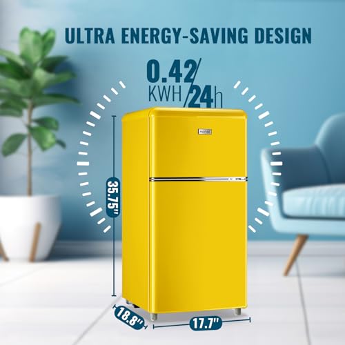 WANAI Small Refrigerator with Freezer 3.5 Cu.Ft Mini Fridge for Bedroom Dual Door Adjustable Shelves Dorm Refrigerator Suitable for Home Garage Office College Yellow
