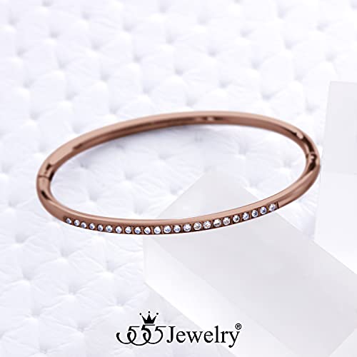 555Jewelry Stainless Steel & CZ Hinged Oval Cuff Bangle Bracelet for Women