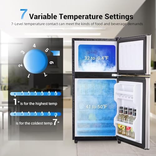 3.5 Cu.Ft Mini Fridge with Freezer, Double Door Mini Fridger with 7 Level Adjustable Thermostat, Mini Refrigerator with interior LED light, Perfect for Dorm, Office, Bedroom＆RV, Silver