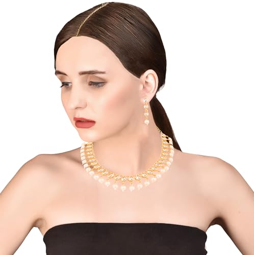 Touchstone Indian Bollywood Charming Mughal Kundan Faux Pearls Hangings Classic Single Line Designer Jewelry Necklace Set In Gold Tone For Women.