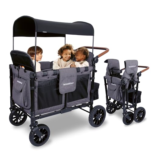 WONDERFOLD W4 Luxe Quad Stroller Wagon (4 Seater) - Collapsible Wagon Stroller with Seats with Magnetic Buckle 5-Point Harnesses and Adjustable Sun Canopy, Charcoal Gray-Black Frame