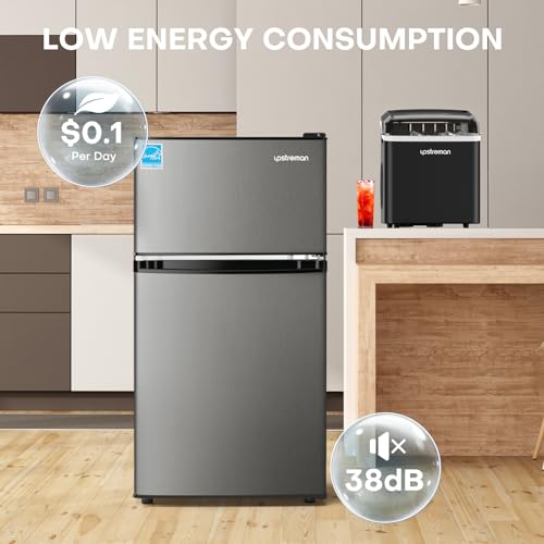 Upstreman 3.1 Cu.Ft Mini Fridge with Freezer, Double Door Mini Fridge, Adjustable Thermostat, Energy Saving, Mini Fridge for Office, Dorm,Bedroom, Stainless