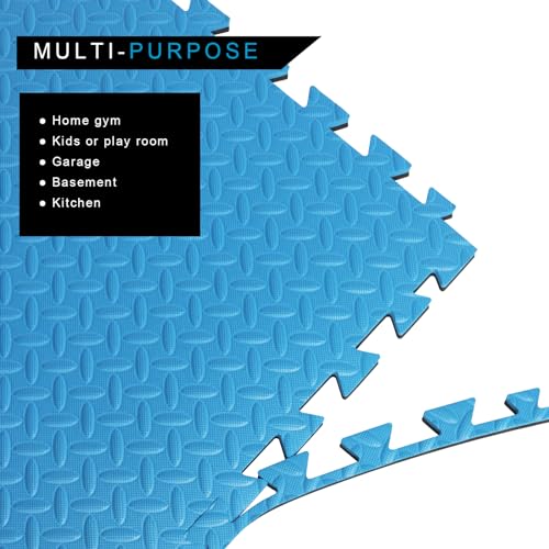 3/4 in Thick 48 Sq Ft EVA Foam Exercise Gym Mats 12 Pcs - Interlocking Puzzle Floor Tiles for Home Gym Heavy Workout Equipment Flooring - 24 x 24in Tile, Black & Blue