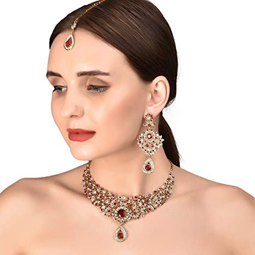 Touchstone Indian jewelry sets for women bollywood necklace earring wedding high fashion victorian formal style jewellery desi artificial imitation joyeria rhinestone in antique gold or white tone.