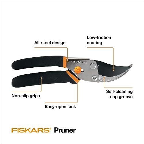 Fiskars Bypass Pruning Shears 5/8” Garden Clippers - Plant Cutting Scissors with Sharp Precision-Ground Steel Blade