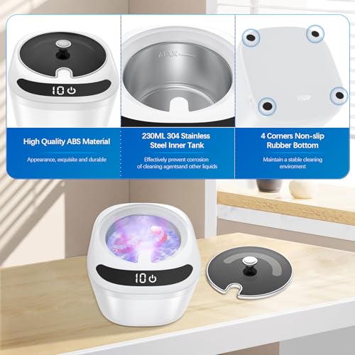 Ultrasonic Retainer Cleaner Machine - Raccomb 45kHz LED Light Ultrasonic Cleaner for Dentures, Aligner, Mouth Guard, Night Guard Cleaner, 230mL Sonic Cleaning Machine for Jewelry, Dental Appliances