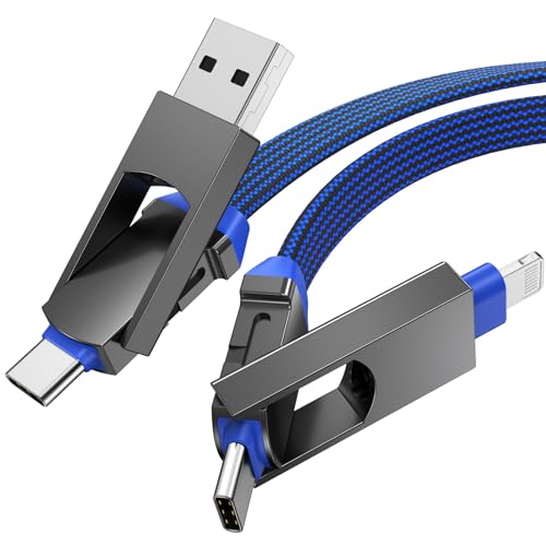 4 in 1 USB C Cable Lightning Cable PD 60W/3A Fast Charging & Data Sync Flat Braide Multi Charging Cable Lightning/Type C/USB A Ports for iPhone 15/15 Pro/15 Plus/15 PM iPad MacBook Samsung, 5ft Blue