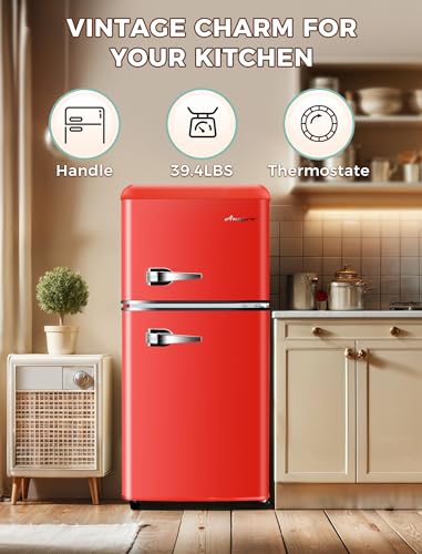 3.2 Cu.Ft Compact Refrigerator Mini Fridge with Freezer, Retro Double Door Small Fridge, 7 Level Thermostat Removable Shelves, Small Refrigerator for Dorm, Office, Bedroom, Red