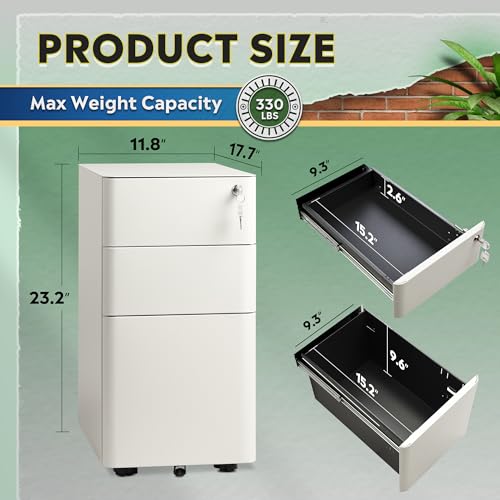 DEVAISE 3-Drawer Slim Vertical File Cabinet, Fully Assembled Except Casters, Legal/Letter Size, White