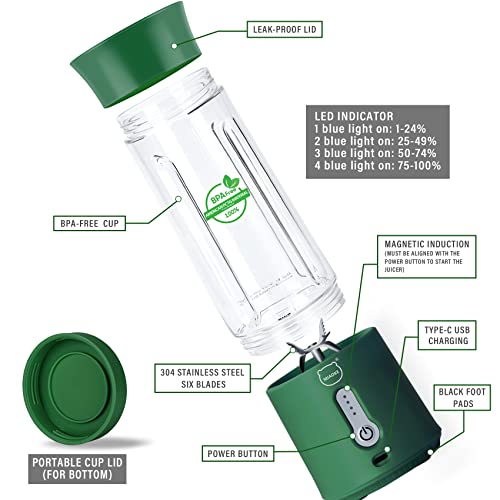 Personal Juicer, Miaoke Portable Blender 17 Oz 6 Leaves High-Speed 304 Stainless Steel Blade 22000 R/Min 4000Ah Type-C Rechargeable 4-Grade power prompt With Portable Removable Cup Lid/DK Green