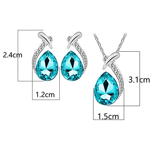 Shiny Fashion Crystal Rhinstone Teardrop Pendent Chain Necklace Stud Earrings Jewelry Set for Women Lady Wife Wedding Birthday Party Prom Gifts