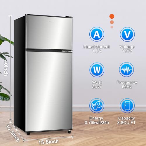 Anukis Compact Refrigerator 3.8 Cu Ft 2 Door Mini Fridge with Freezer for Apartment, Dorm, Office, Family, Basement, Garage - Silver