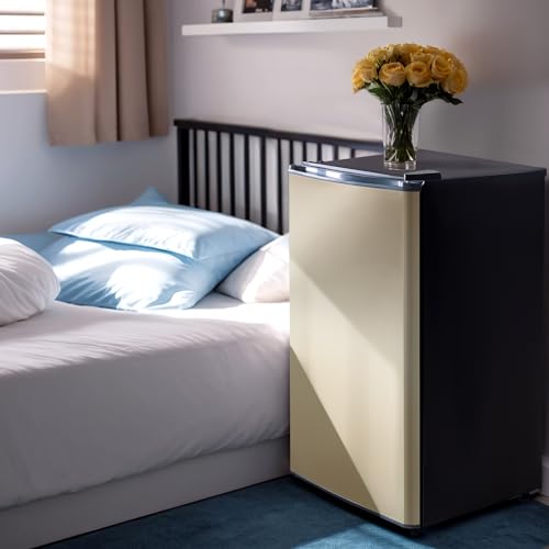 3.2 Cu.Ft Mini Fridge with Freezer, Mini Fridge for Bedroom Office Dorm, Small Refrigerator Fridge with Reversible Door, Low Noise, Energy Saving, Champagne