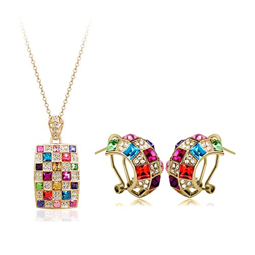 3 Pieces Fashion Noble Women Colorful Crystal Necklace Earrings Set Jewelry Pendant for Women Wedding Party Jewellery Gift
