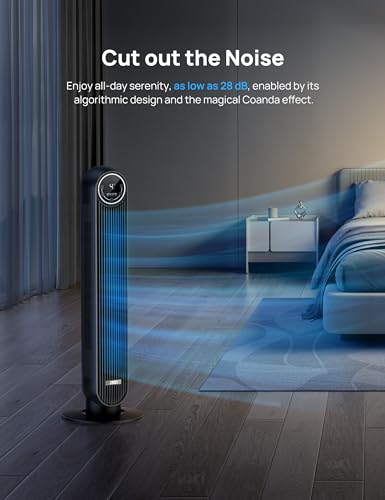 Dreo Tower Fan for Bedroom, 25ft/s Velocity Quiet Floor Fan, 90° Oscillating Fans for Indoors with 4 Speeds, 4 Modes, 8H Timer, Standing Fans, Bladeless Fan, Black, Nomad One (DR-HTF007)
