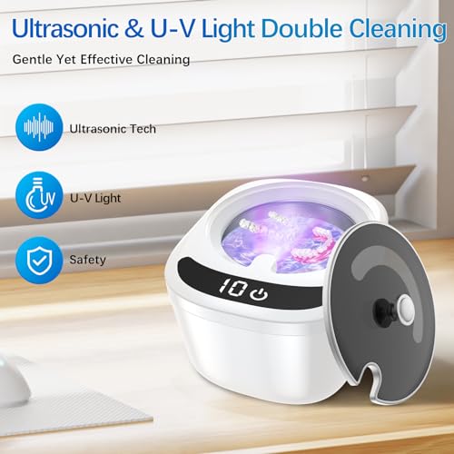 Ultrasonic Retainer Cleaner Machine - Raccomb 45kHz LED Light Ultrasonic Cleaner for Dentures, Aligner, Mouth Guard, Night Guard Cleaner, 230mL Sonic Cleaning Machine for Jewelry, Dental Appliances