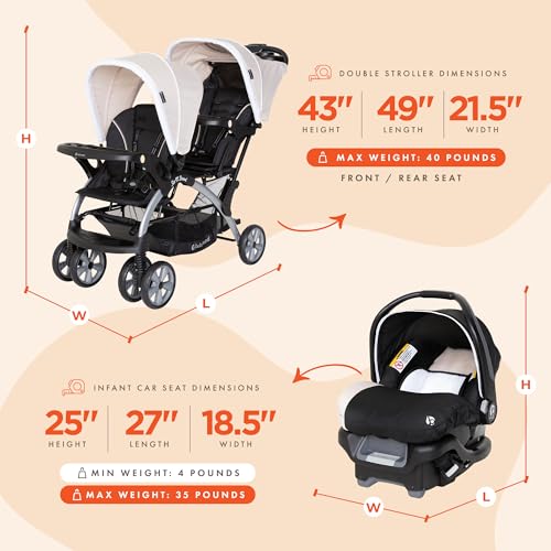 Baby Trend Sit N Stand Easy Fold Travel Double Baby Stroller and Single Infant Car Seat Travel System with Safety Harnesses and Cover, Khaki