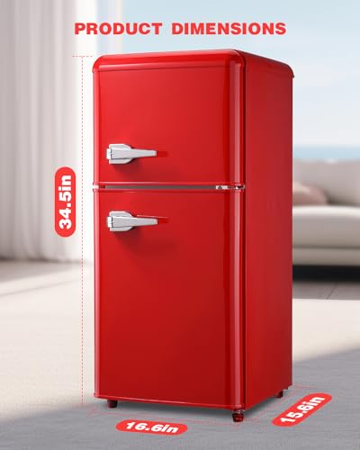 3.5 Cu.Ft Small Refrigerator with freezer, Compact Refrigerator, Retro Fridge with Dual Door,7 Level Adjustable Thermostat for Garage, Dorm,Bedroom, Office, Apartment-Red