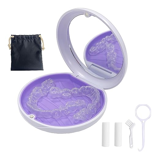 Retainer Case,Aligner Case with Mirror,Round Retainer Holder with Aligner Remover Tool, Chew & Brush,Rope Bag Sets (White Shell Purple Silicone)