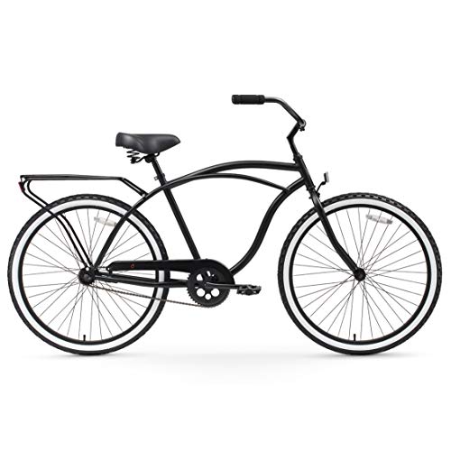 sixthreezero Around The Block Men's Beach Cruiser Bike, Single Speed Step-Through Touring Hybrid Bicycle with Rear Rack, 26 Inch Wheels, Matte Black