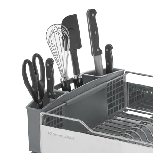 KitchenAid Large Capacity,Full Size, Rust Resistan Dish Rack with Self Draining Angled Drain Board and Removable Flatware Caddy, Light Grey, Gray