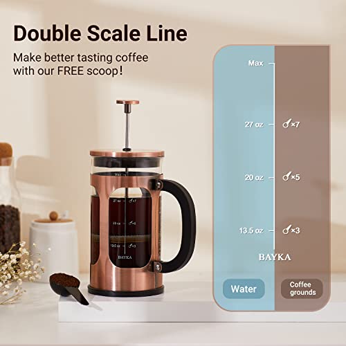 BAYKA 34 Ounce 1 Liter French Press Coffee Maker, Glass Copper Stainless Steel Coffee Press, Cold Brew Heat Resistant Thickened Borosilicate Coffee Pot, Gifts for Camping Dad Mom Men Women Fathers Day