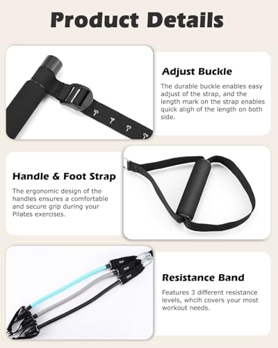 Zacro Pilates Bar Kit with Resistance Bands, 3-Section Pilates Bar with Adjustable Strap, Door Anchor, Handles and Foot Strap, Portable Home Gym Pilates Resistance Bar Kit for Full Body Workouts