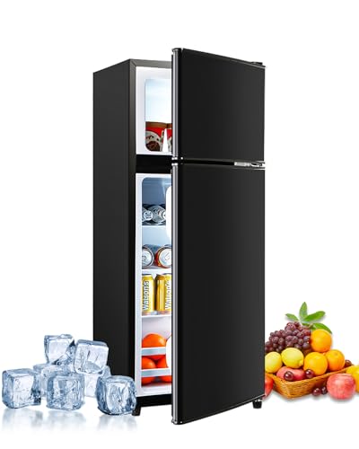 3.5 Cu. Ft. Capacity Double-door Compact Fridge with Freezer and 7-Level Thermostat, Compact Convenience and Energy Savings, Ideal for Apartments, Dorms, Home Offices and Bars, Black Color
